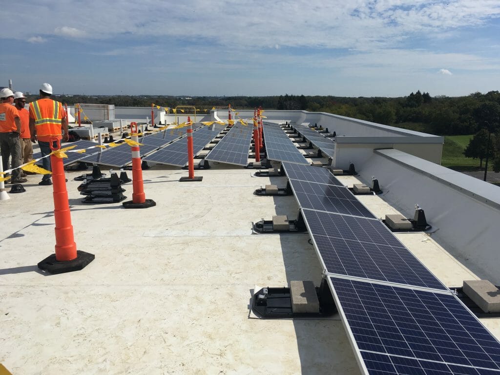A solar panel array on the rooftop of the Fairfield Marriot in Pleasant Prairie, WI.